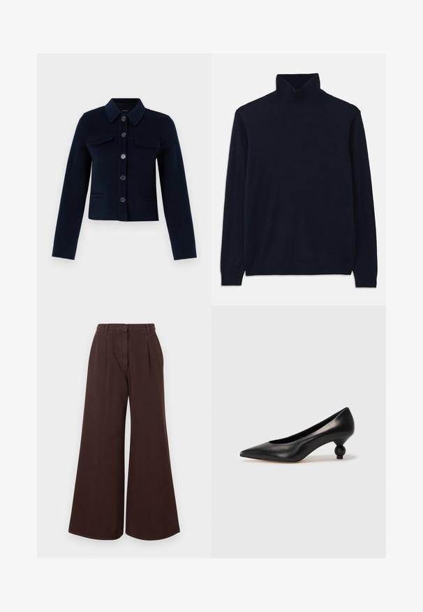 Marineblauwe wollen blend jas met een gekraagde hals, knoopsluiting, twee borstzakken en lange mouwen. Verkorte uitvoering met een gladde textuur.; Marineblauwe coltrui met lange mouwen, gemaakt van zacht breisel. Heeft een geribbelde kraag en manchetten, met een eenvoudig ontwerp en zonder patronen.; Hoge taille, wijde bruine broek met knoop- en ritssluiting, riemlussen en voorplooien.; Zwarte leren hoge hak schoen met een spitse neus en een ronde, bolle hak. Gladde textuur met een elegant, minimalistisch ontwerp.