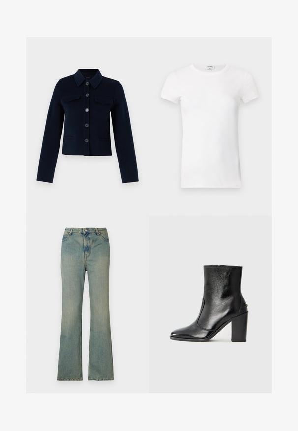 Mornarsko modra jakna iz volnene mešanice z ovratnikom, gumbnim zapiranjem, dvema žepoma na prsih in dolgimi rokavi. Skrajšana zasnova z gladko teksturo.; Bela rebrasta majica s kratkimi rokavi in okroglo ovratnikom. Tkanina se zdi gladka z oprijetim silhueto. Oznaka blagovne znamke vidna na ovratniku.; Svijetloplave traper hlače s proširenim nogavicama i visokim strukom, pet džepova i patentnim zatvaračem. Čist, izbjeljeni izgled s suptilnim detaljima šivanja.; Črne usnjene gležnarske čevlje z gladko teksturo, koničastim nosom in debelim visokim petam. Imajo stransko odprtino in minimalističen dizajn.