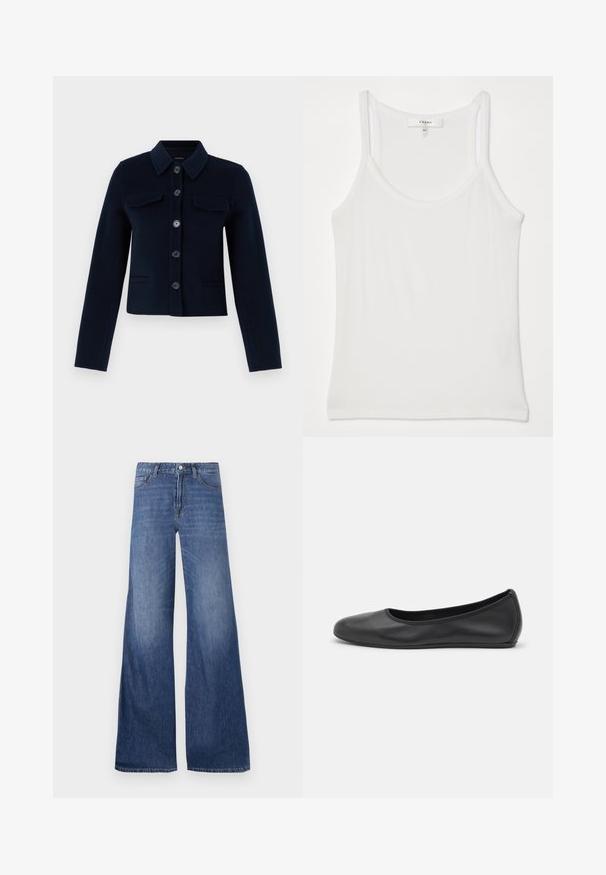 Navy blue wool blend jacket with a collared neck, button closure, two chest pockets, and long sleeves. Cropped design with a smooth texture.; White sleeveless tank top made of soft, ribbed fabric; features thin straps and a round neckline, tag reads "FRAME."; Wide-leg denim jeans in a medium blue wash, featuring five pockets, belt loops, and a button closure. Smooth texture with a slight fade.; Black leather ballet flat with a rounded toe, smooth texture, minimal stitching detail, and a flexible sole design.