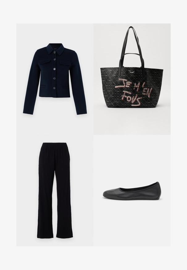 Mörkblå ullblandad jacka med krage, knappstängning, två bröstfickor och långa ärmar. Korthornad design med en slät yta.; Vit kortärmad t-shirt i ribbat tyg. Rund halsringning, normal passform och diskreta sömdetaljer. Inga mönster eller tryck.; Svarta, lätta, elastiska midjebyxor med rak bendesign. Mjuk textur utan synliga mönster eller detaljer. Enkelt och mångsidigt stil.; Svart läderballerinaskor med rund tå, slät yta, minimala söm detaljer och en flexibel sula.; Svart tote-väska med texturerat material som har ett diamantmönster, axelband och fet röd och vit text som säger "JE M'EN FOUS."
