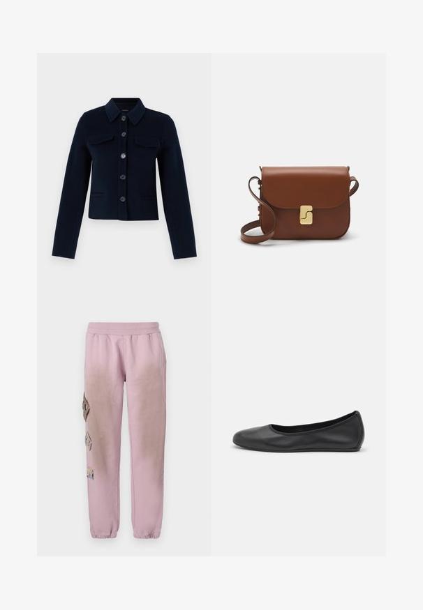 Jūras zila vilnas maisījuma jaka ar apkakli, pogu aizdari, divām krūšu kabatām un garām piedurknēm. Īsa dizaina ar gludu tekstūru.; Balta īsām piedurknēm T-krekls, izgatavots no ribota auduma. Apaļš izgriezums, regulāra piegriezuma un diskrēti šuvumu detaļas. Bez printiem vai grafikām.; Rozā sporta bikses ar elastīgu jostu, kurām labajā pusē ir dekoratīvi uzliktni dimanta formā un elastīgas apkakles pie potītēm.; Melna ādas baleta kurpe ar noapaļotu purngalu, gludu tekstūru, minimālu šuvju detalizāciju un elastīgu zoles dizainu.; Bordo ādas rokas soma ar atloku, zeltītām detaļām, plecu siksnu un gludu virsmu. Kompakta, taisnstūrveida forma.