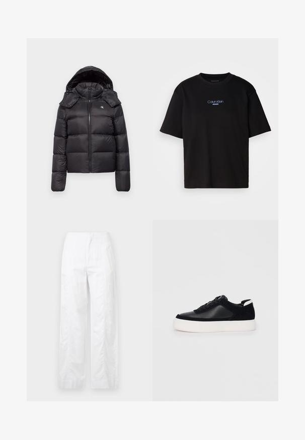 Black puffer jacket with a hood, featuring a zip closure, quilted design, and a logo on the chest. Soft, shiny material with long sleeves.; Black cotton t-shirt with a round neck, short sleeves, and blue embroidered "Calvin Klein JEANS" logo on the front.; White wide-leg trousers made of lightweight fabric, featuring a smooth texture, clean lines, and a high waist design.; Black sneaker with smooth leather and suede panels, flat laces, rounded toe, and a white rubber sole. Distinct logo on the heel.