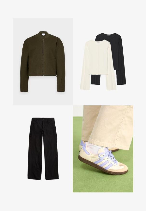 Oliivroheline pommikindel jakk ümmarguse kaelusega, lukuga esiosas ja lühikese disainiga. Pehme kangas ja soonikuga varrukad, sisaldab diskreete küljetaskuid.; Kaksik Eri pikkusega valge ja musta värvi pikkade varrukatega topsi. Ribikstruktuur, ümar kaelus, lihav disain, veidi laienevate varrukatega.; Mustad teksad sirge lõikega, esise riidest kinnitusega ja viie taskuga disain. Sile tekstuur ja minimaalne õmbluse detail.; Kreemi ja lavendlivärvi tenniset, millel on kolm triipu ja tekstuuriga pruun tall, varustatud paelte ja pehmendatud kontsaga. Pehme kangast ülemine osa.