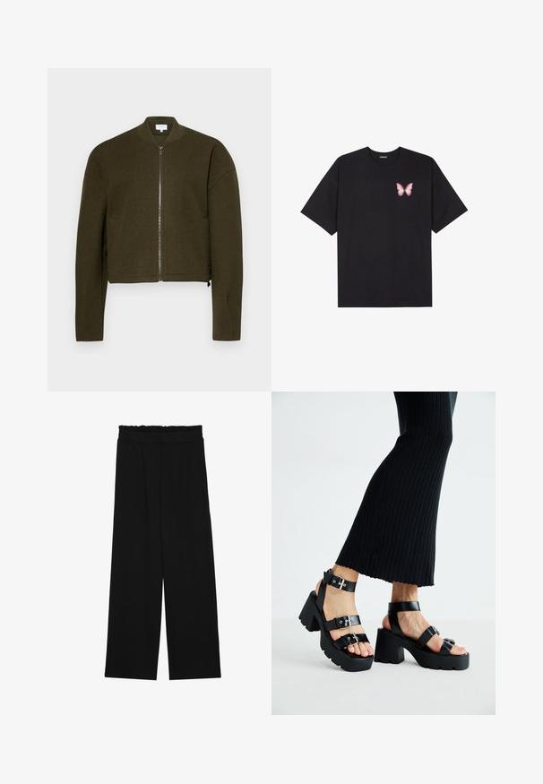Olíva zöld bomber dzseki kerek nyakkal, cipzáras előlappal és rövidített fazonnal. Puha anyagból készült, bordás mandzsettákkal, diszkrét oldalsó zsebekkel.; Fekete pamut póló rövid ujjakkal, bal mellkason egy kis rózsaszín pillangó grafikával. Kerek nyakú kialakítás, laza fazonnal.; Fekete, bőszárú nadrág fodros derékrésszel, két oldalsó zsebbel és sima, könnyű anyagból. Nincsenek látható minták vagy fémalkatrészek.; Fekete platform szandálok vastag, barázdált talppal és több pánttal, fém csatokkal, sima bőrhatású textúrával.