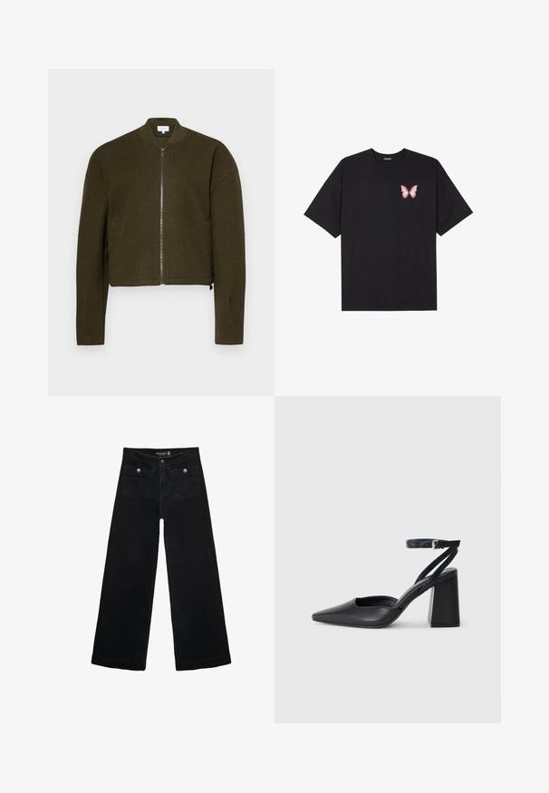 Olivově zelená bomber bunda s kulatým límcem, předním zipem a zkráceným střihem. Měkká tkanina a žebrované manžety, s diskrétními bočními kapsami.; Černé bavlněné tričko s krátkým rukávem, na levém prsou s malou grafikou růžové motýlky. Design s kruhovým výstřihem a volným střihem.; Černé široké džíny s vysokým pasem, obsahující dvě přední kapsy a kovové knoflíkové detaily. Látka má hladkou texturu.; Černé kožené lodičky se špičatou špičkou, kotníkovým páskem a silným podpatkem. Hladká textura, elegantní design a minimalistická estetika.