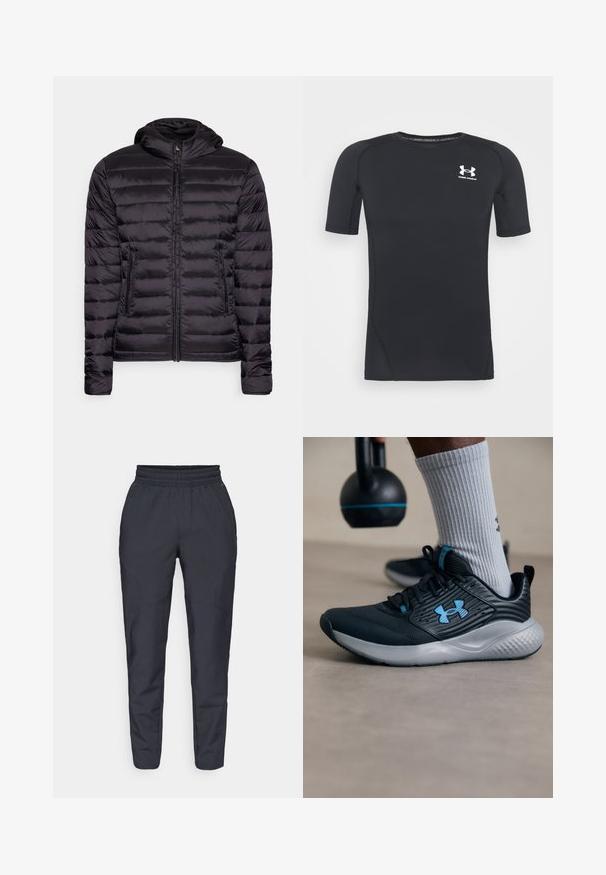 Sort letvægts pufferjakke med hætte, med lynlås-lukning og horisontalt syningsmønster. Glat tekstur, to sidelommer.; Sort kortærmet træningsskjorte lavet af fugttransporterende, strækbart stof. Har rund halsudskæring og et lille hvidt logo på brystet.; Mørkeblå tapered bukser lavet af blødt stof, med elastisk talje, sidelommer og en glat overflade med diskrete syning detaljer.; Sort atletiksko med blå accenter, struktureret overdel og grå sål. Båret med grå ribbede sokker, ved siden af en sort kettlebell.