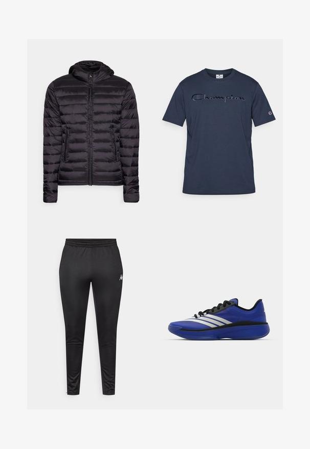 Μαύρο ελαφρύ μπουφάν με κουκούλα, με φερμουάρ και οριζόντιο σχέδιο ραφής. Λείο υλικό, δύο πλαϊνές τσέπες.; Champion ICONS TONAL CREWNECK WITH LARGE LOGO - Μπλουζάκι με στάμπα - navy; Μαύροι αθλητικοί παντελόνες κατασκευασμένοι από λείο, ελαστικό ύφασμα, με ελαστική μέση και λευκό λογότυπο στο αριστερό μηρό.; adidas Performance ADIZERO SELECT 3.0 - Παπούτσια μπάσκετ - lucid blue/core black/metallic