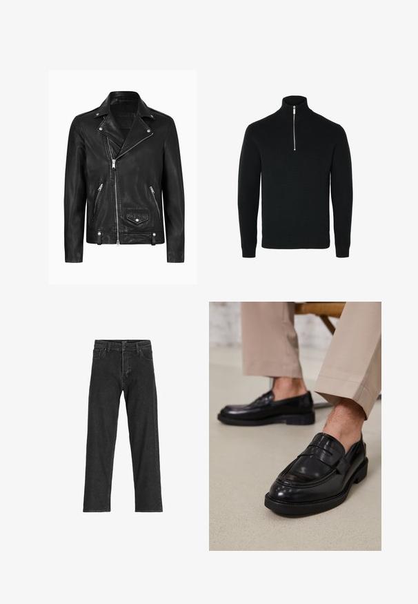 Giacca da moto in pelle nera con colletto classico, zip frontale diagonale, accessori in argento e tasche laterali con zip. Texture liscia.; Maglione nero a maglia con colletto a zip e un design testurizzato, dotato di chiusura frontale con zip e polsini e orlo a costine.; Jeans in denim nero con un design a gamba dritta, dotati di zip, passanti per cintura e sei tasche, realizzati in un resistente tessuto misto cotone.; Mocassini in pelle nera con finitura liscia, dotati di una cintura decorativa e cuciture a contrasto, abbinati a pantaloni beige.