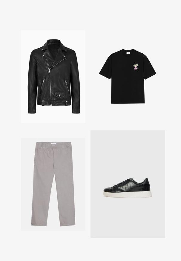 Jaqueta de moto em couro preto com colarinho clássico, fecho diagonal na frente, acabamentos prateados e bolsos laterais com zíper. Textura suave.; T-shirt preta de algodão com um gráfico colorido no lado esquerdo do peito, retratando um urso de peluche e texto estilizado, com mangas curtas e gola redonda.; Calças de algodão cinza claro com faixa elástica na cintura, dois bolsos laterais, design de perna reta e uma textura suave. Detalhe de costura simples.; Tênis pretos com cabedal em couro texturizado com relevo de crocodilo, bico arredondado e sola de borracha branca em contraste, com acabamento suave.