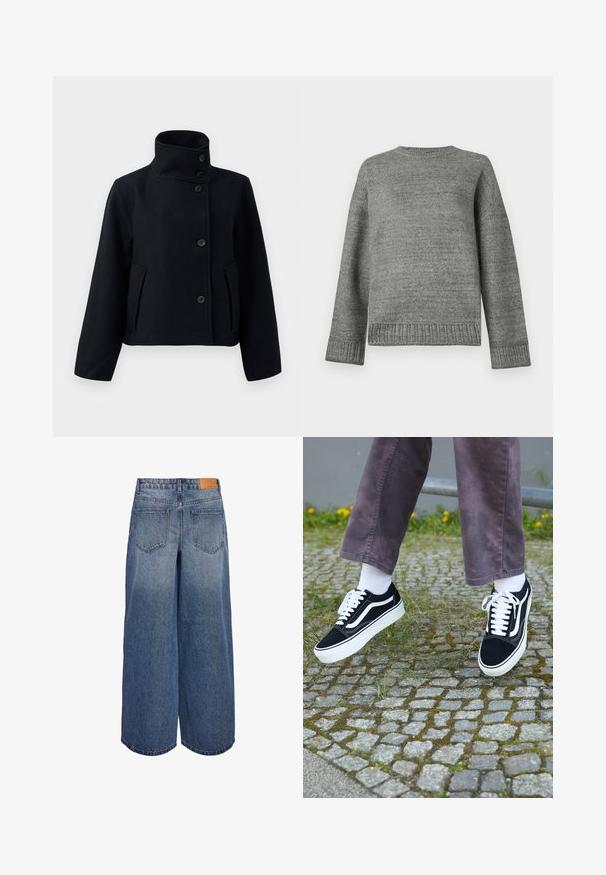 Giacca in lana nera con colletto alto, dotata di chiusura a doppio bottone, due tasche laterali e una silhouette sartoriale.; Maglione grigio lavorato a maglia con scollatura rotonda, spalle scese e polsini e orlo a costine. Tessuto liscio con un colore uniforme e minimi dettagli.; Culotte in denim a gamba larga in un lavaggio blu medio con una texture sbiadita, dotate di due tasche posteriori e un'etichetta in pelle marrone del marchio sulla vita.; Sneaker in suede nero con dettagli bianchi, caratterizzati da una punta arrotondata, suola spessa bianca e design classico con lacci, indossati con calze bianche e pantaloni viola.