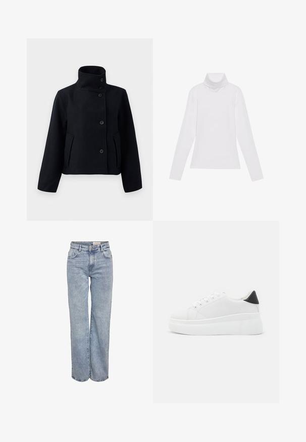 Schwarze Wolljacke mit hohem Kragen, mit doppelter Knopfleiste, zwei seitlichen Taschen und taillierter Silhouette.; Weißes Langarm-Turtleneck-Oberteil aus glattem, elastischem Stoff. Mit hohem Kragen und tailliertem Schnitt, ohne sichtbare Muster oder Verzierungen.; Hellblau weite Jeans aus Denim, mit hoher Taille, fünf Taschen-Design und subtilen Ausbleichungen für einen eingesessenen Look.; Weiße Plateausneaker aus glattem Kunstmaterial, mit runder Zehenform, Schnürdesign und einer strukturierten Gummisohle. Schwarzer Fersenakzent.