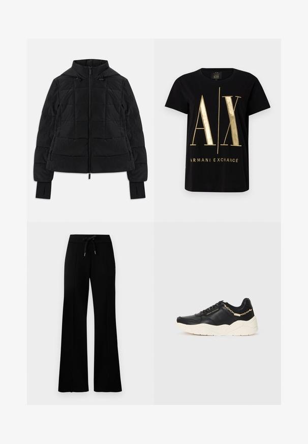 Black quilted jacket with hood, front zipper, adjustable drawstrings, and thumb-hole cuffs on long sleeves.; Black cotton t-shirt featuring bold gold "A/X" logo and "ARMANI EXCHANGE" text, short sleeves, round neckline, smooth texture.; Black wide-leg sweatpants with a drawstring waistband, side slit accents, soft fabric, and a sleek design.; Black leather sneaker featuring a chunky cream sole, gold-tone chain accent, and black laces. Smooth texture with embossed branding on the side.