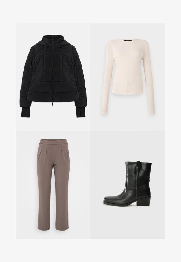 Geacă neagră matlasată cu glugă, fermoar frontal, șnururi ajustabile și manșete cu orificii pentru deget pe mânecile lungi.; Top cu mânecă lungă, de culoare bej deschis, cu decolteu rotund. Realizat dintr-un material moale, prezintă o cusătură centrală și un tiv ușor curbat. Fără elemente de prindere vizibile.; Pantaloni bej cu croi lejer, talie elastică și pliuri frontale, confecționați dintr-un material neted.; Botine din piele neagră, cu vârf rotund, toc pătrat, fermoar pe lateral și accente de cusături pe partea superioară. Textură netedă, design clasic.