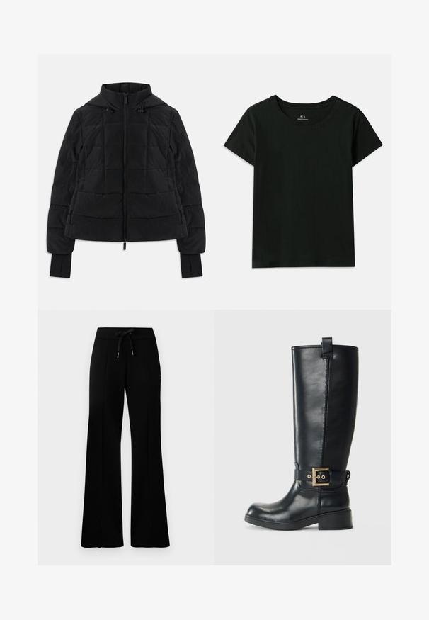 Fekete steppelt dzseki kapucnival, elülső cipzárral, állítható húzózsinórokkal és hüvelykujjnak kialakított mandzsettákkal a hosszú ujjú részen.; Fekete, rövid ujjú pamut póló. Kerek nyakú, az „Armani Exchange” felirat dombornyomott formában található a vállnál. Egyszerű dizájn.; Fekete, bő lábú melegítőnadrág, befestett derékkal, oldalsó hasítékokkal, puha anyagból készült, letisztult dizájnnal.; Fekete, térd fölé érő bőrcsizma alacsony, blokksarkúval, dekoratív arany csatpánttal a bokánál, valamint húzófüllel a tetején.