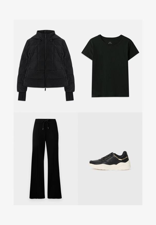 Svart quilted jakke med hette, frontlomme, justerbare snorer og tommelhull på lange ermer.; Svart kortermet T-skjorte laget av bomull. Har rund hals og preget "Armani Exchange"-tekst langs skulderen. Enkel design.; Svart vid bukse med snøring i midjen, sidelommer, myk stoff og et elegant design.; Svarte lærersneakers med en kraftig kremfarget såle, gullfarget kjedeaccent og svarte snøring. Glatt tekstur med preget merkevare på siden.