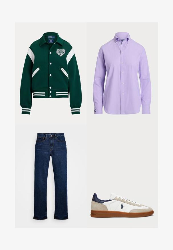 Zelena jakna v stilu univerze z belimi črtastimi detajli, ki ima logotip na levem prsnem delu, spredaj zapenjanje na gumbe ter dve stranski žepni.; Svetlo vijoličasta srajca s klasičnim ovratnikom, dolgimi rokavi in lahkotnim materialom. Ima subtilno izvezeno logo na zapestju.; Temno modri kavbojki z ravnim krojem, ki imajo pet žepek, bakrene šive in klasično gumbasto zapiranje.; Beli in bež športni copati s zgornjim delom iz usnja in semiša, mornarsko modri akcenti in rjavi gumijasti podplat. Imajo znak na strani in vezalni dizajn.