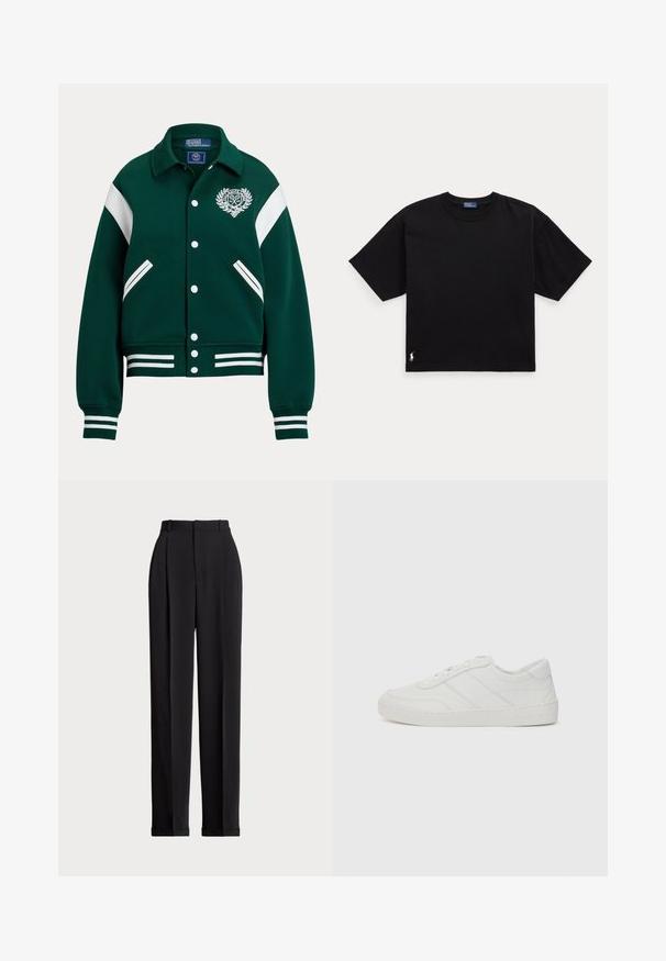 Jaqueta varsity verde com detalhes em faixas brancas, apresentando um logo no lado esquerdo do peito, fechamento com botões de pressão na frente e dois bolsos laterais.; Camiseta preta de algodão com mangas curtas, decote redondo e um pequeno logótipo branco na parte inferior esquerda. Ajuste clássico e descontraído, com detalhes mínimos.; Calças pretas ajustadas com uma cintura alta, apresentando pregas na frente, um design de perna reta e bainha com punho. Feitas de tecido suave.; Sapatilha de couro branco com atacadores planos, bico arredondado e detalhes de costura subtis. Apresenta uma sola texturizada e um logótipo da marca em relevo no calcanhar.