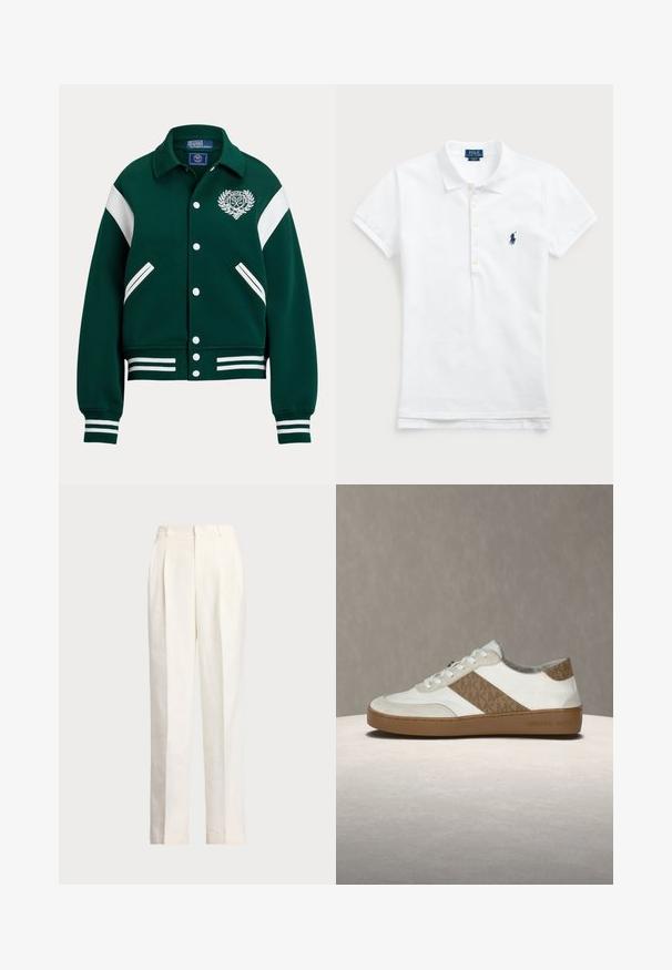 Žalias universiteto švarkas su baltais dryžiais, su logotipu kairiajame krūtinės pusėje, priekyje su spaudimo mygtukais ir dviem šoninėmis kišenėmis.; Balta medvilninė polo marškinėliai su klasikiniu apykaklės dizainu, trumpomis rankovėmis ir tamsiai mėlynu siuvinėtu logotipu kairėje krūtinės pusėje. Penkių mygtukų užtrauktukas.; Polo Ralph Lauren HEMP WIDE LEG PANT - Kelnės - nevis; Balti sportbačiai su šviesiai smėlio spalvos zomšos akcentais, šonine dryžuota juosta, apvalia nosimi, baltais batraiščiais ir ruda gumine padu. Ant kulno yra prekės ženklas.