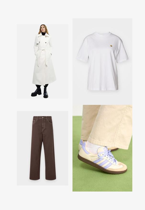 Witte lange jas met dubbelgeknoopte voorkant, grote knopen en een ceintuurband in de taille. Draagt over een zwarte turtleneck en gecombineerd met zwarte robuuste laarzen.; Witte katoenen t-shirt met een relaxte pasvorm, korte mouwen en een klein geborduurd logo op de linkerborst.; Bruine wijde denim broek met contrasterende stiknaden, vijf zakken en een metalen knoopsluiting. Soepele textuur, rechte snit.; Crème- en lavendel-sneakers met drie strepen en een gestructureerde bruine zool, voorzien van veters en een gewatteerde hiel. Zachte stoffen bovenkant.