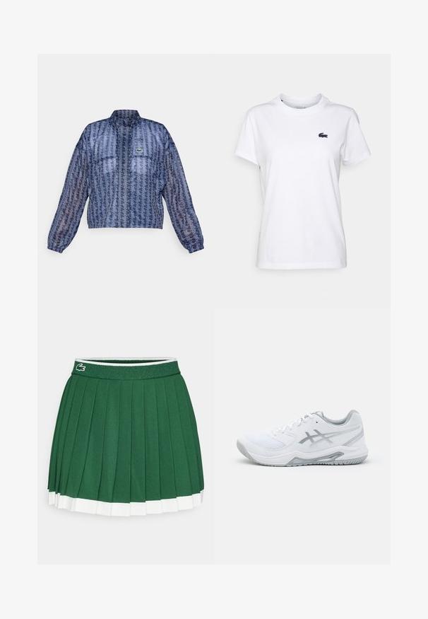 Kuttet, gjennomsiktig jakke i marineblå med et geometrisk hvitt mønster. Har en ståkrage og elastiske mansjetter; inkludert en grønn logo.; Hvit bomulls T-skjorte med rund hals, korte ermer og en liten marineblå logo på venstre bryst. Glatt tekstur, uformell design.; Grønn plisserte skjørt med en teksturert midjebånd. Har hvite detaljer i nederkant og en liten merke-logo på midjebåndet.; Hvit treningsko i nett- og syntetiske materialer, med grå detaljer og snøring, teksturert såle, buet design og logo-detalle.