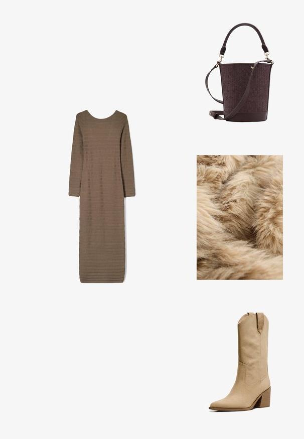 Soft, light brown faux fur fabric with dense, fluffy texture and fine, wispy fibers overlapping in various directions.; Long-sleeve, ankle-length fitted brown dress with textured horizontal zigzag patterns and a wide round neckline.; Bershka HIGH-HEEL - Cowboy/Biker boots - beige; Brown woven bucket bag with a smooth leather bottom, a top handle, and an adjustable shoulder strap. Features gold-toned hardware accents.