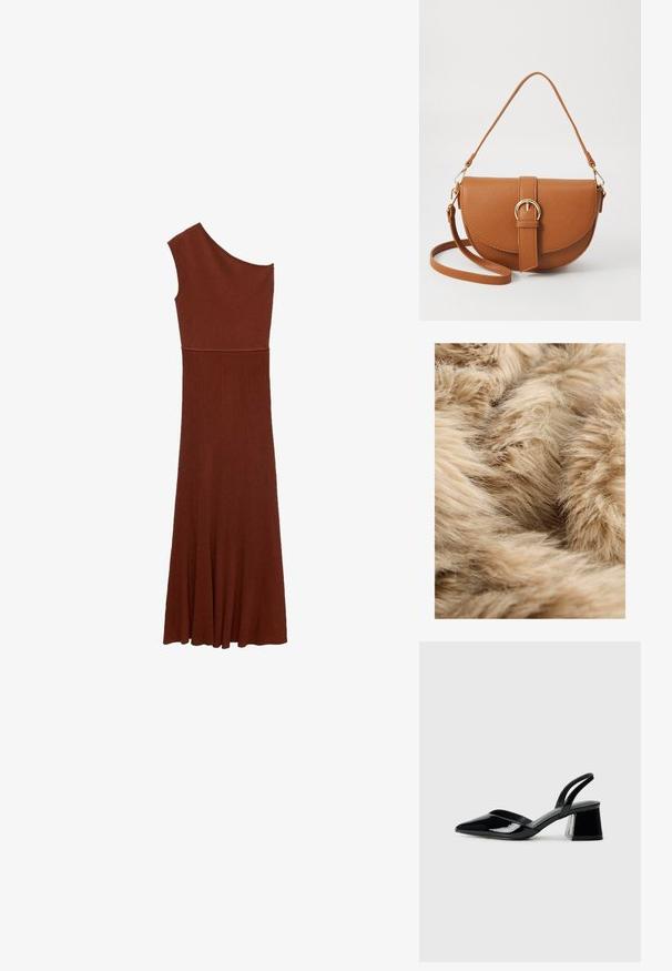 Tessuto in pelliccia sintetica morbida e marrone chiaro con una densa e soffice trama e fibre sottili e leggere che si sovrappongono in diverse direzioni.; Abito marrone a coste asimmetrico con design a una spalla; corsetto aderente che si allarga in una gonna ampia. Tessuto liscio in tutto l'abito.; Décolleté in vernice nera con punta affusolata e tacco in geometria cubica. Presentano un design elegante e minimalista, con una texture liscia.; Borsa a tracolla in pelle marrone con forma curvata, hardware dorato e un dettaglio con fibbia. Presenta una tracolla rimovibile.
