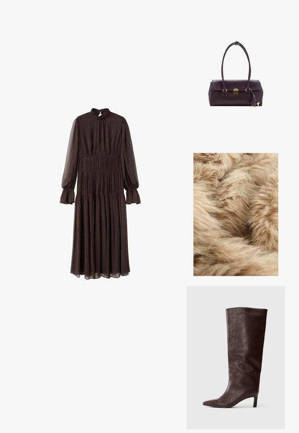 Pehmeä, vaaleanruskea keinokarvafabrika, jossa on tiheä, pörröinen rakenne ja hienoja, hiuksista muodostuvia kuituja, jotka menevät limittäin eri suuntiin.; Ruoho pitkähihaine mekko, jossa on korkea kaula-aukko, smockattu yläosa ja leveät hihat. Valmistettu kevyestä kankaasta, jossa on kerroksellinen hame.; Korkeat tummanruskeat nahkasaappaat, joissa on terävä kärki ja hoikka keskipitkä korko, valkoisella taustalla.; Maran ko leather-käsivarjo, jolla on jäsennelty muotoilu, lyhyet kahvat, kultainen suorakulmainen lukko ja irrotettava tupsuakor.