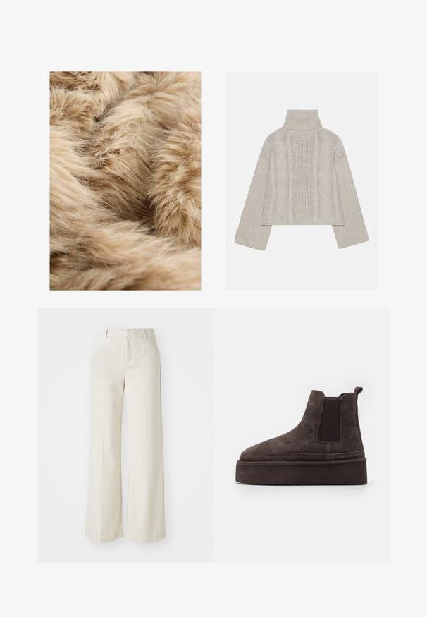 Mīksts, gaiši brūns mākslīgā kažokādas audums ar blīvu, pūkainu tekstūru un smalkiem, plāniem šķiedru pavedieniem, kas pārklāti dažādās virzienos.; Izgriezts, gaiši pelēks adīts džemperis ar augstu apkakli un ribotiem piedurknēm, ar fakturētām virknēm gar muguru un sāniem.; Platas kājās bikses gaisā bežā krāsā, izgatavotas no gludas auduma. Iezīmē klasisku jostasvietu un plakanu priekšpusi ar tīrām līnijām.; Brūni zamša Chelsea zābaki ar elastīgiem sānu paneļiem un biezas, teksturētas platformas zoli. Iespējams, ir vilkšanas cilpa uz papēža, kas atvieglo uzvilkšanu.