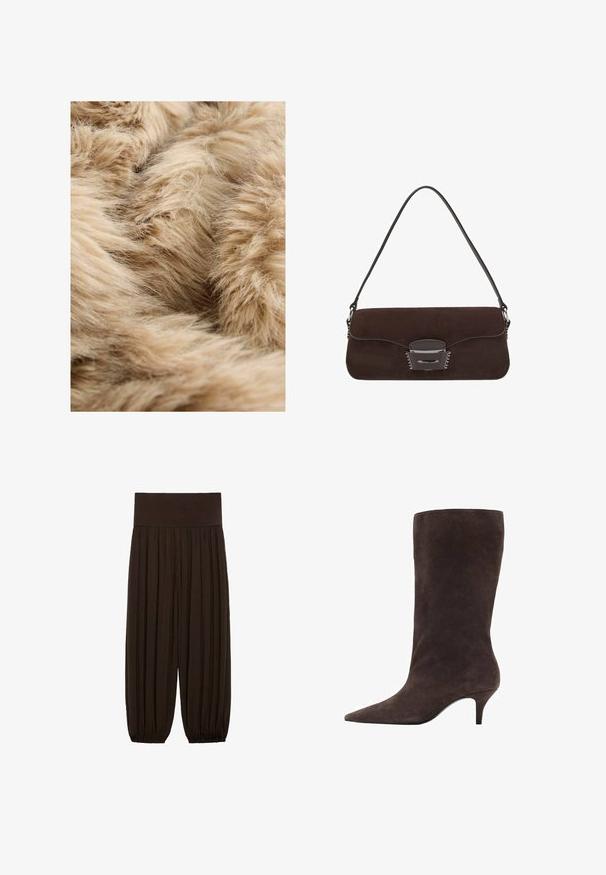 Zacht, lichtbruin nepbont met een dichte, pluizige textuur en fijne, flonkerige vezels die in verschillende richtingen overlappen.; Blauwroze blouse met lange mouwen, ruches bij de hals, een trekkoord in de taille en kanten rand bij de manchetten en zoom. Lichtgewicht, gestructureerde stof.; Bruine geplooide broek met een brede, elastische tailleband. De stof is lichtgewicht en gestructureerd, met gatherse randen bij de boorden.; Bruine suède kniehoogte laars met een spitse neus en een mid-hoge hak, met een gladde textuur en een slank ontwerp.; Bruine suède handtas met een lange leren schouderband, zilveren hardware, een rechthoekige vorm en een platte flap met een centrale versiering.