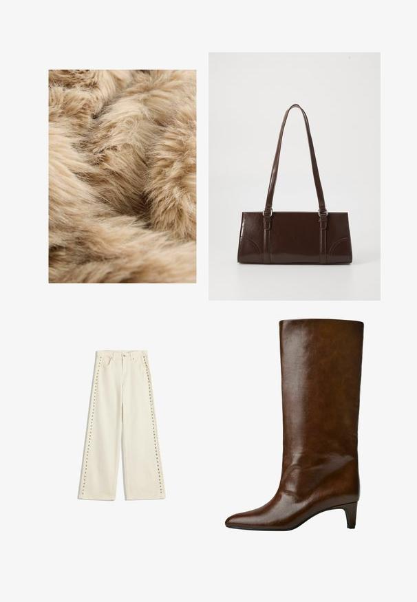 Miękki, jasnobrązowy materiał z futra syntetycznego o gęstej, puszystej teksturze oraz cienkich, delikatnych włóknach nachodzących na siebie w różnych kierunkach.; Biała bluzka z długim rękawem i dekoltem łódkowym. Wykonana z miękkiego materiału, z rozszerzanymi rękawami i prostym wykończeniem, oferująca prosty i uniwersalny design.; Jasno kremowe dżinsy o szerokich nogawkach z metalowymi wstawkami wzdłuż zewnętrznych szwów, pięcioma kieszeniami oraz standardowym zapięciem na guzik.; Brązowy skórzany but za kolano z ostro zakończonym noskiem i zwężającym się obcasem, charakteryzujący się gładką strukturą i prostym designem.; Brązowa torebka z lakierowanej skóry o prostokątnym kształcie, z dwiema długimi rączkami i subtelnymi zaokrągleniami z przodu.