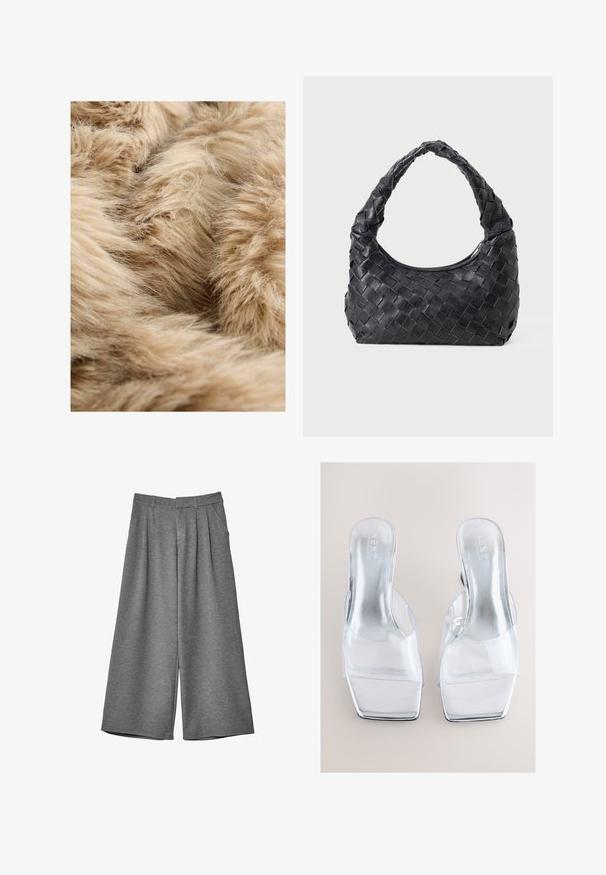 Soft, light brown faux fur fabric with dense, fluffy texture and fine, wispy fibers overlapping in various directions.; Long-sleeve black top in a soft fabric, featuring a wide neckline and a slightly loose fit with no visible patterns or hardware details.; Gray wide-leg cropped trousers with belt loops, side pockets, and front pleats, made from a soft fabric.; Clear high-heeled mules with a transparent PVC upper and a square toe design. Reflective silver insoles and block heels complete the look.; Black leather woven shoulder bag with a rounded handle and crescent-shaped body on a plain background.