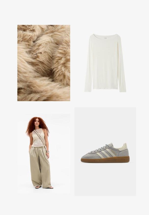 Soft, light brown faux fur fabric with dense, fluffy texture and fine, wispy fibers overlapping in various directions.; Long-sleeve, crew neck top in cream color made from soft fabric. Features a straight cut and minimalistic design without embellishments.; Young woman with long curly red hair wearing a beige sleeveless knit top, wide-legged khaki pants, flip-flops, crossbody bag, and bracelets.; Gray suede sneakers with light gray leather stripes and a gum rubber sole. Features include lace closure and subtle branding on the tongue.