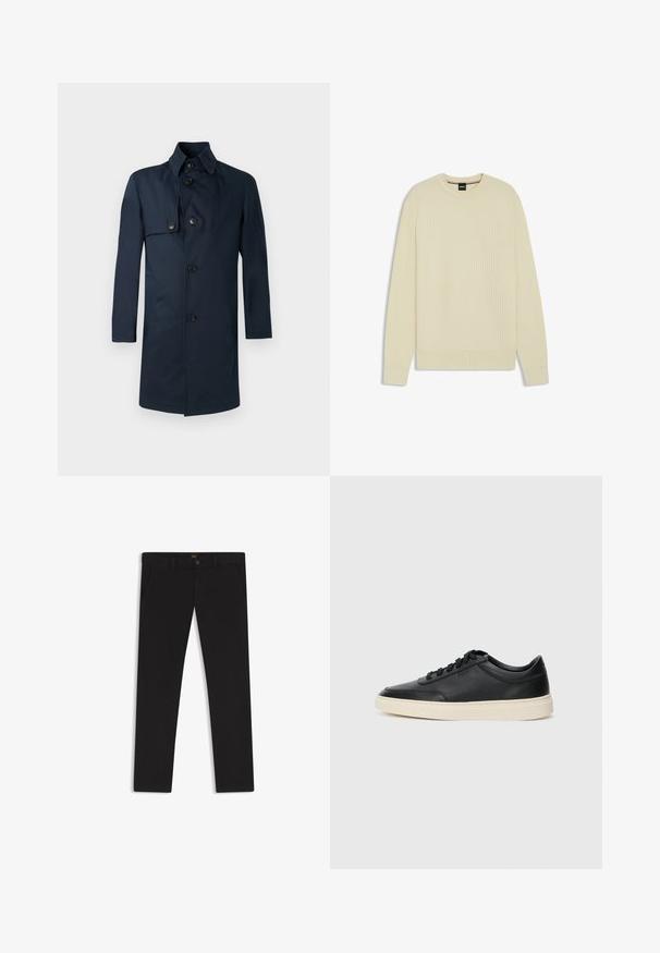 Navy blue trench coat with a high collar, featuring four buttons, side pockets, and a smooth, textured fabric. Classic design with tailored fit.; Light beige sweater with a textured waffle knit design, crew neck, and ribbed cuffs and hem. Simple, modern shape with no additional accents.; Black trousers made of fabric with a smooth texture. Features a button closure, belt loops, and side pockets. Standard straight-leg design.; Black low-top leather sneaker with black laces and off-white sole shown in side profile on white background.