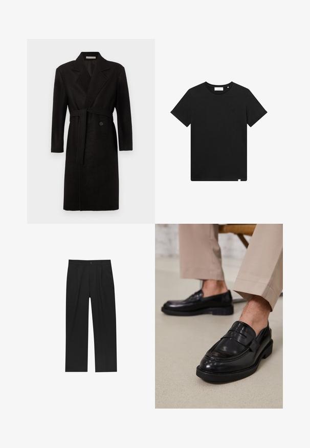 Crni vuneni kaput s pojasom u struku, reverima s izrezima i dugim rukavima. Ima jednoredno kopčanje na jedan gumb i mekanu teksturu.; Crna kratka majica s kratkim rukavima od pamuka, s okruglim izrezom i malim logotipom izvezenim na prsima. Glatka tekstura, standardni kroj.; Crne hlače ravnog kroja, izrađene od glatkog materijala. Imaju prednje nabore i jedan dugme na struku.; Crne kožne mokasine s glatkom obradom, koje imaju dekorativnu traku i kontrastnu šav, u kombinaciji s bež hlačama.