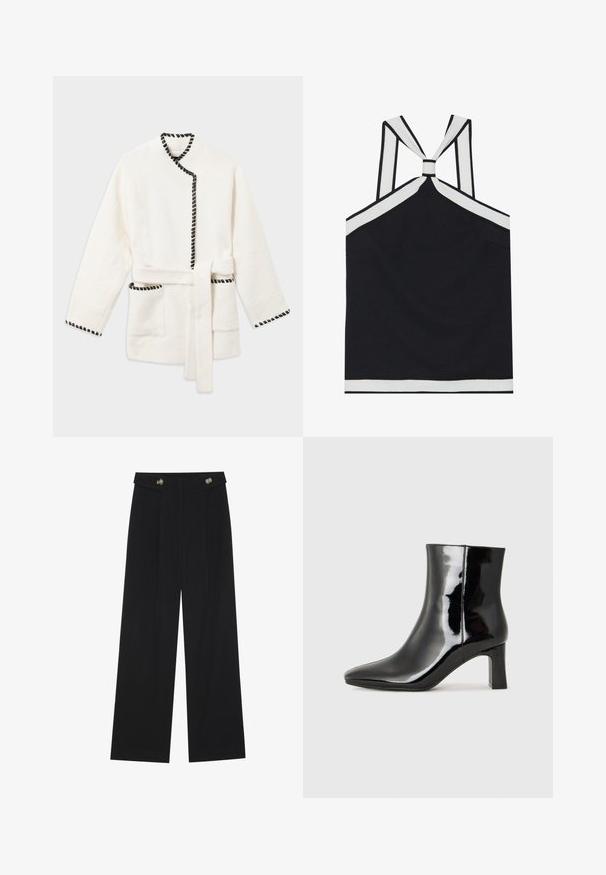 White bathrobe with black trim, featuring a belted waist, long sleeves, and two side pockets in a soft, textured fabric.; Black halter top with white accents, featuring a knotted back design, a textured finish, and a fitted silhouette. Simple and modern.; Black wide-leg trousers with high waist, button details on waistband, and front pleats.; Black patent leather ankle boot with a pointed toe and a mid-height block heel. Smooth texture and minimalist design.