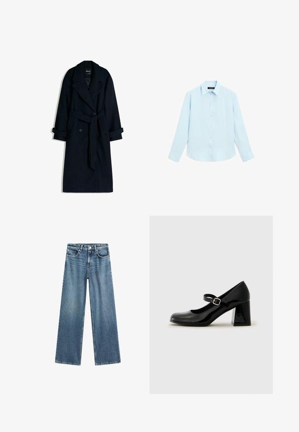 Dlouhý tmavě modrý vlněný kabát s dvojitým zapínáním, přečnívající klopou a opaskem na zavázání. Má manžetové rukávy a strukturovaný střih.; Svetle modrá košile s dlouhým rukávem, měkkou texturou, zapínáním na knoflíky a tradičním límcem. Má manžety na knoflíky a zaoblený lem.; Světle modré džíny širokého střihu s vysokým pasem, pěti kapsami a zapínáním na knoflík. Látka má mírně vybledlý vzhled.; Černá lakovaná Mary Jane bota s zaoblenou špičkou, nastavitelným páskem a masivním obdélníkovým podpatkem. Hladký povrch s lesklým finišem.