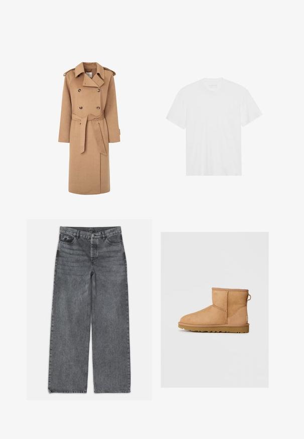 Beżowy wełniany płaszcz trench z podwójnym zapięciem na guziki, paskiem w talii, szerokim kołnierzem i naramiennikami. Gładka faktura i długość do kolan.; Biała bawełniana koszulka z krótkim rękawem, okrągłym dekoltem i prostym dołem. Gładka faktura, minimalistyczny design bez wzorów i akcentów.; Jeans typu wide-leg w ciemnoszarej dżinsowej tkaninie. Posiadają wysoki stan, pięć kieszeni oraz zapięcie na guzik z przodu. Gładka faktura z delikatnym przetarciem.; Beżowe zamszowe botki za kostkę z okrągłym noskiem, przeszyciami, z pętelką z tyłu i teksturowaną gumową podeszwą. Zaprojektowane z myślą o komforcie i ciepłocie.