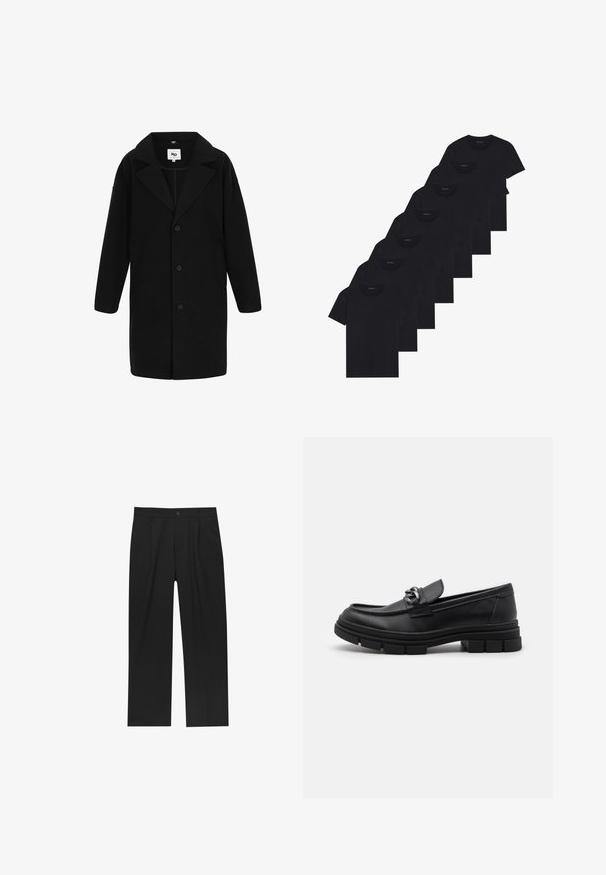 Zwarte jas met een notch-kraag, lange mouwen en een rechte snit. De stof heeft een zachte textuur, beschikt over knopen en zakken aan de zijkant.; Set van acht zwarte katoenen T-shirts met korte mouwen en een ronde hals, met een eenvoudige uitstraling en een zachte textuur.; Zwarte broeken met een recht model, gemaakt van een gladde stof. Voorzien van een voorplooien en een enkele knoopsluiting bij de taille.; Zwarte leren instapper met een ronde neus, een decoratieve band en hardware, en een chunky, gestructureerde zool. Glad afwerking met subtiele details.
