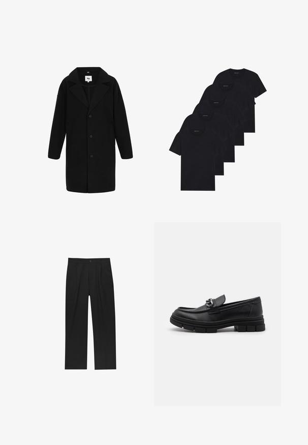 Crni kaput s rever collarom, dugim rukavima i ravnim krojem. Tkanina ima mekanu teksturu, s gumbima i bočnim džepovima.; Pak od pet crnih majica s okruglim izrezom. Kratki rukavi, pamuk, standardni kroj. Glatka tekstura bez vidljivih uzoraka ili ukrasa.; Crne hlače ravnog kroja, izrađene od glatkog materijala. Imaju prednje nabore i jedan dugme na struku.; Crne kožne mokasine s zaobljenim vrhom, dekorativnom trakom i hardverom, te masivnom teksturiranom potplatom. Glatka površina s suptilnim detaljima.