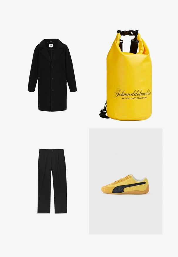 Černý kabát s klopovým límcem, dlouhými rukávy a rovnou siluetou. Tkanina má měkkou strukturu, obsahuje knoflíky a boční kapsy.; Balení pěti černých triček s kulatým výstřihem. Krátké rukávy, bavlněný materiál, standardní střih. Hladký povrch bez viditelných vzorů nebo ozdob.; Černé kalhoty s rovnými nohavicemi, vyrobené z hladké tkaniny. Mají přední záhyby a jedno knoflíkové zapínání v pase.; Nízkoprofilová žlutá semišová sneaker Puma s černým pruhem po straně a gumovou podrážkou, zobrazená z bočního pohledu na bílém pozadí.; Žlutý vodotěsný batoh vyrobený z odolného materiálu, s rolovacím uzávěrem a černým nastavitelním popruhem s přezkou. Černý text tištěný na přední straně.