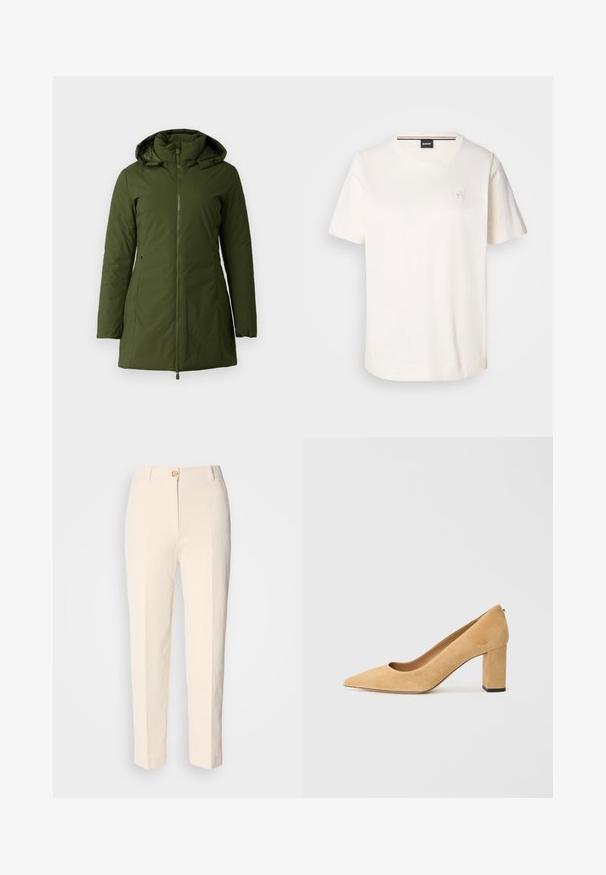 Olīvu zaļa siltināta jaka ar rāvējslēdzēju priekšā, augstu apkakli un regulējamu kapuci. Iespējas ar divām sānu kabatām un gludu tekstūru.; Balts kokvilnas T-krekls ar īsām piedurknēm, apaļu kakla izgriezumu un mazu logo uz krūtīm. Gluda tekstūra un taisna apakšmala.; Krēma krāsas augstākā jostas līmeņa bikses, izgatavotas no teksturēta auduma. Tām ir aizdare priekšā ar pogu un sašaurināti kājām.; Bežīgas zamšādas augstpapēžu kurpes ar smailu purngali un masīvu bloku papēdi. Materiāls ir ar mīkstu tekstūru un gludu apdari.