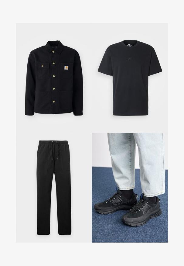 Black jacket made of durable fabric, featuring a collar, gold buttons, two chest pockets, and a square logo patch on the left pocket.; Nike black cotton t-shirt with a classic crew neck, short sleeves, and a subtle, embossed logo on the chest. Smooth texture.; Black sweatpants made of fleece, featuring an elastic waistband with drawstrings, two front pockets, and a small logo on the thigh.; Black athletic shoes with textured fabric and rubber soles, featuring elastic laces and a blue accent on the heel. Worn with light denim pants.