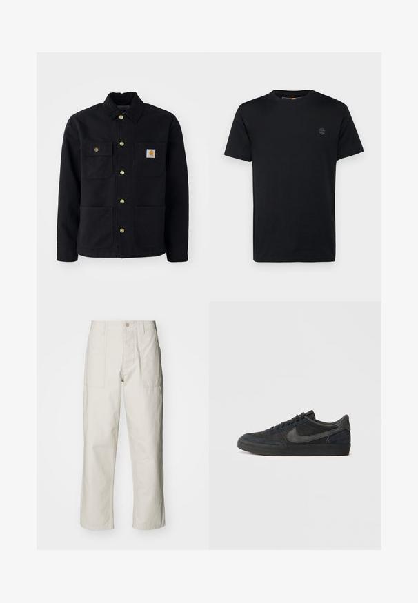 Must must, mis tugevast kangast, millel on krae, kuldsed nööbid, kaks rinna taskut ja ruudukujuline logoõmblus vasakus taskus.; Mustmust t-särk, millel on ümar kaelus, lühikesed varrukad ja väike, tikandiga logo rinnal. Sile tekstuur, klassikaline lõige.; Heledbeez värvi laiad püksid, mis on valmistatud puuvillast. Omavad esi-taskuid ja nupuga sulgemist. Sile tekstuur, millel on õrnad vertikaalsed jooned.; Mustad seemised tennisetossud madala profiiliga, kummist välispind, tekstuuriga külgpaneelid ja ühetoneeline Nike swoosh logo. Sidumisosa ees, pehme kaelus.