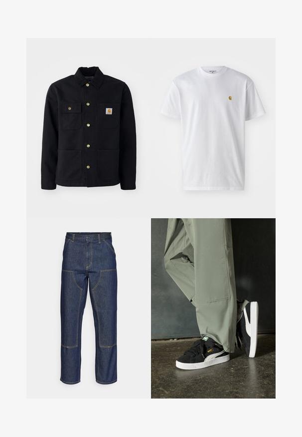 Zwarte jacket van duurzaam materiaal, met een kraag, gouden knopen, twee borstzakken en een vierkant logo-patch op de linkerzak.; Witte katoenen t-shirt met korte mouwen en ronde hals, voorzien van een klein gouden logo op de linkerkant van de borst. Zachte textuur en een normale pasvorm.; Donkerblauwe denim jeans met een hoge taille, rechte pijpen, contrasterende stiksels en opgestikte zakken aan de voorkant.; Zwarte suède sneakers met witte rubberen zolen en zijstrepen, gecombineerd met lichtgroene cargobroeken, staande op een gestructureerd donker oppervlak.