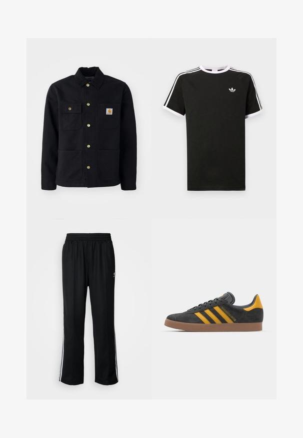 Černá bunda vyrobená z odolné tkaniny, s límcem, zlatými knoflíky, dvěma náprsními kapsami a čtvercovou nášivkou na levé kapse.; Černé tričko vyrobené z bavlny s bílými akcenty. Má krátké rukávy, raglánový střih a malé logo na hrudi. Tři bílé pruhy na ramenou.; Černé sportovní kalhoty s elastickým pasem, s bílými bočními pruhy a malým logem. Materiál vypadá měkce a lehce.; Černé semišové tenisky se žlutými akcenty, vybavené třemi pruhy a hnědou gumovou podrážkou. Obsahují polstrovaný jazyk pro pohodlí.