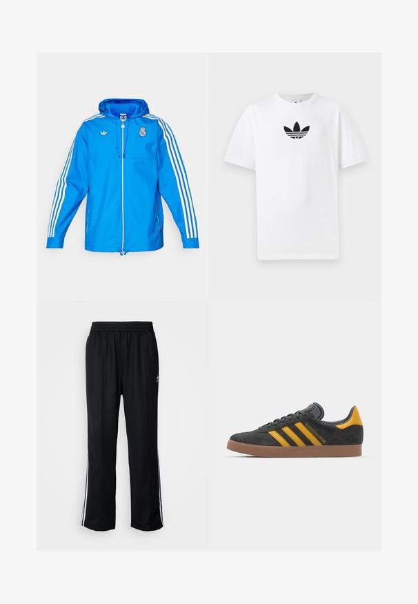 adidas Originals REAL MADRID ICON PARKA - Roupa de discoteca - bluebird/white; T-shirt de algodão branco com um logo preto da Adidas no centro. Mangas curtas e um design de gola redonda. Textura suave.; Calças atléticas pretas com um cós elástico, apresentando riscas brancas laterais e um pequeno logótipo. O material parece macio e leve.; Tenis em camurça preta com detalhes amarelos, apresentando três riscas e uma sola de borracha castanha. Inclui uma língua acolchoada para maior conforto.
