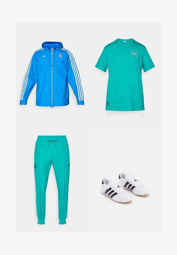 adidas Originals REAL MADRID ICON PARKA - Klubbklær - bluebird/white; adidas Originals LIVERPOOL FC ICON GRAPHIC T-SHIRT - Klubbklær - sea green; adidas Originals LIVERPOOL FC ICON TRACK PANT - Klubbklær - sea green; Hvite treningssko med svarte striper, med en semsket overflate, rund tå og borrelåsrem. Gummisåle for godt grep.