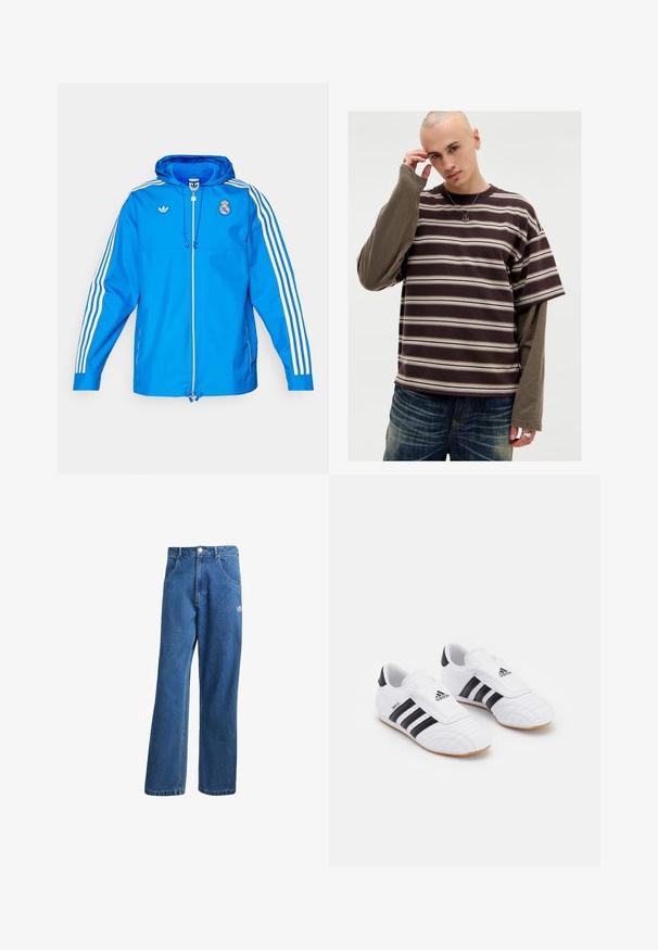 adidas Originals REAL MADRID ICON PARKA - Klupska odjeća - bluebird/white; Smeđi i bež prugasti kratki rukav majica s dugim rukavom ispod. Mekana tekstura, opušteni kroj i okrugli izrez. Vidljivi srebrni dodaci.; Plave farmerke visokog struka sa širokim nogavicama, prednjim džepovima, petljama za remen, zatvaranjem na dugme i malim Adidas logotipom na desnom bedrima.; Bijele atletske cipele s crnim trakama, s vlaknima sličnim antilopu, zaobljenim prstom i Velcro trakama. Gumeni potplat za prianjanje.