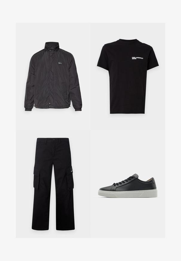 Svart lättviktsjacka med ståkrage, tryckknappar, två sidofickor och en subtil logotyp på bröstet.; Svart t-shirt i bomull med rund halsringning och korta ärmar. Framträdande vit logotext på vänster bröstområde. Enkelt design.; Svarta cargobyxor i slitstarkt tyg, med rak bendesign, sidofickor och knappstängning.; Svart lädersneaker med en slät yta, rund tå och svarta skosnören. Har en tjock, vit gummisula med subtila geometriska accenter.