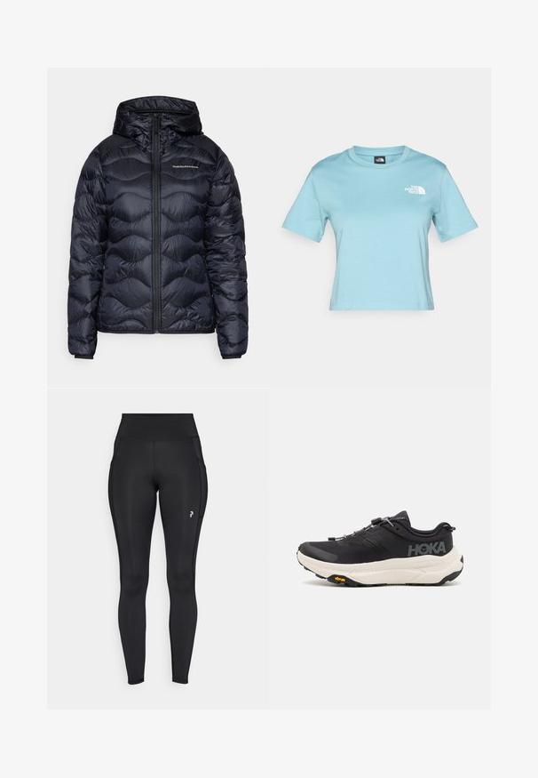 Marineblauwe pufferjas met een capuchon, voorzien van een gestikt motief, ritssluiting aan de voorkant en een logo op de borst. Soepel, lichtgewicht materiaal.; Lichtblauw katoen T-shirt met korte mouwen en een ronde hals. Heeft een klein wit logo op de borst en een relaxte pasvorm.; Zwarte volledige leggings gemaakt van rekbaar materiaal, met een hoge taille, zijzakken en een klein logo op de linkerbovenbeen.; Zwarte sportschoenen met een ademend bovenwerk van mesh, rubberen buitenzool, witte dempende tussenzool en reflecterende veters. Vibram-logo op de buitenzool.